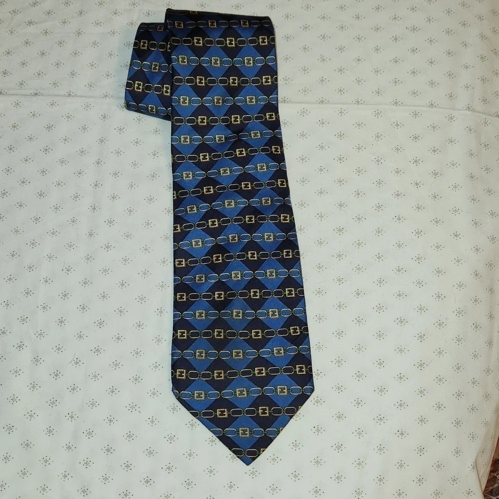 Fendi tan chain and blue/navy Dimond shape silk neck tie